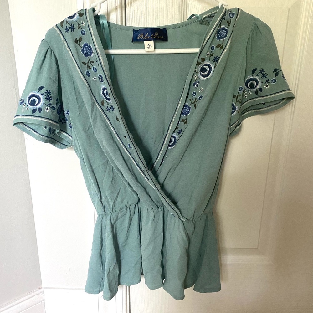 Blue Rain Wrap Top With Floral Detail